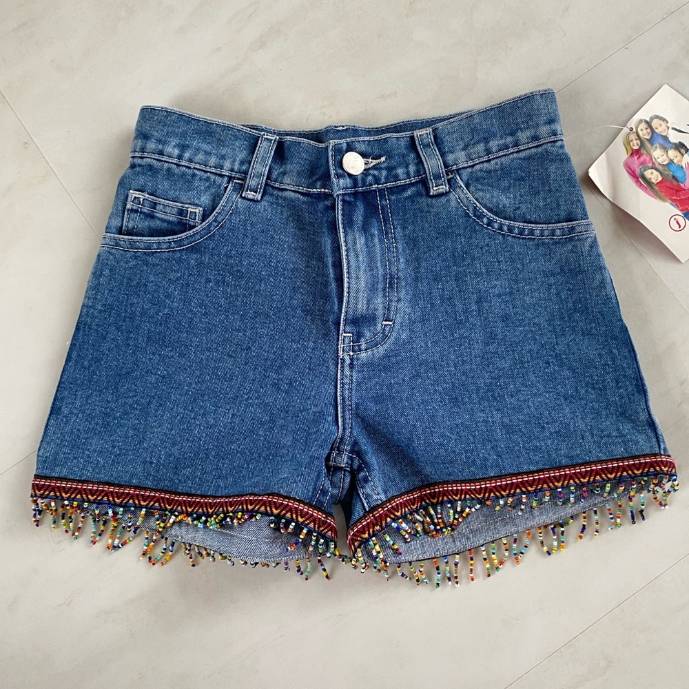 Jordache - Girls’ Size 7 Blue Denim Shorts with colorful beaded fringe! NWT